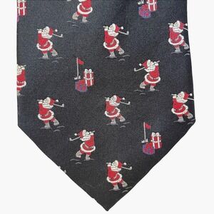 Roundtree & Yorke Mens Tie Black Santa Golfing Print 100% Silk Christmas